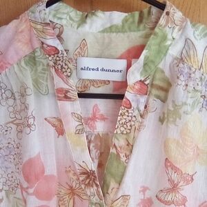 Alfred Dunner Floral Butterfly Cotton Blend Top - Pink & Green